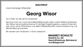 Traueranzeige von Georg Wisor von Memminger Zeitung