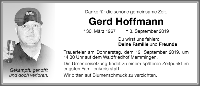  Traueranzeige für Gerd Hoffmann vom 16.09.2019 aus Memminger Zeitung