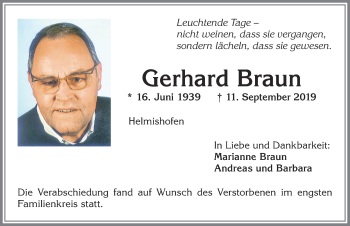 Traueranzeige von Gerhard Braun von Allgäuer Zeitung, Kaufbeuren/Buchloe