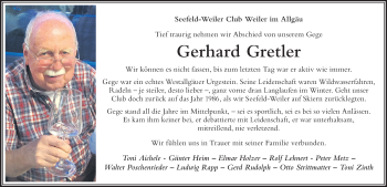 Traueranzeige von Gerhard Gretler von Der Westallgäuer