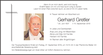 Traueranzeige von Gerhard Gretler von Der Westallgäuer