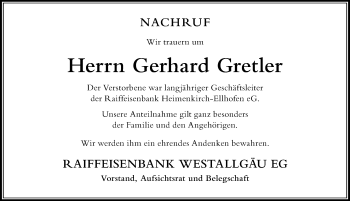 Traueranzeige von Gerhard Gretler von Der Westallgäuer