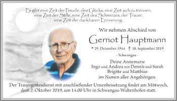 Traueranzeige von Gernot Hauptmann von Allgäuer Zeitung, Füssen