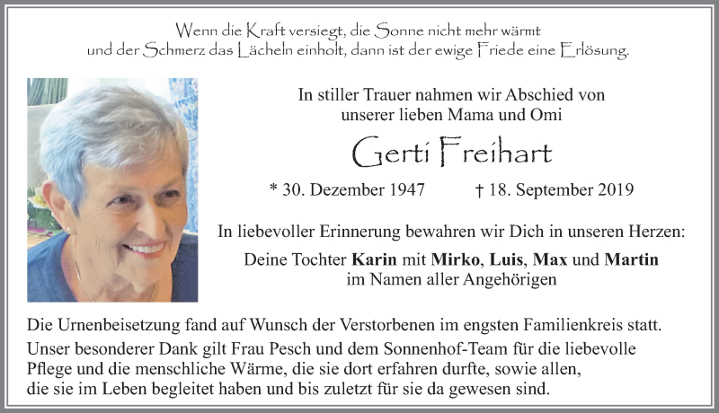  Traueranzeige für Gerti Freihart vom 28.09.2019 aus Allgäuer Zeitung, Füssen