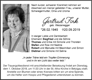 Traueranzeige von Gertrud Fink von Allgäuer Zeitung,Kempten