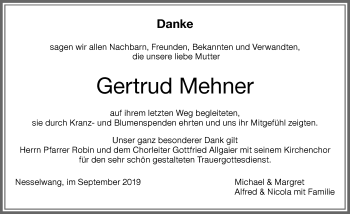 Traueranzeige von Gertrud Mehner von Allgäuer Zeitung, Füssen