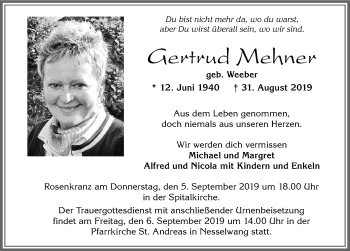 Traueranzeige von Gertrud Mehner von Allgäuer Zeitung, Füssen