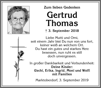 Traueranzeige von Gertrud Thomas von Allgäuer Zeitung, Marktoberdorf