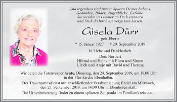 Traueranzeige von Gisela Dürr von Allgäuer Zeitung, Marktoberdorf