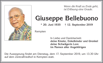 Traueranzeige von Giuseppe Bellebuono von Allgäuer Zeitung,Kempten
