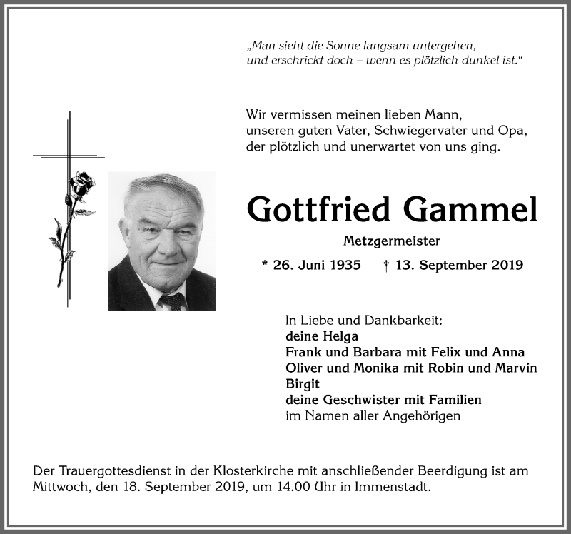  Traueranzeige für Gottfried Gammel vom 17.09.2019 aus Allgäuer Anzeigeblatt
