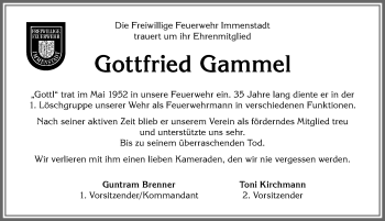 Traueranzeige von Gottfried Gammel von Allgäuer Anzeigeblatt