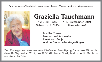 Traueranzeige von Graziella Tauchmann von Allgäuer Zeitung