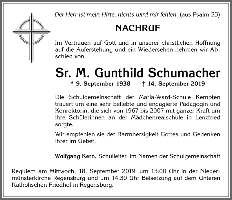  Traueranzeige für Gunthild Schumacher vom 17.09.2019 aus Allgäuer Zeitung,Kempten