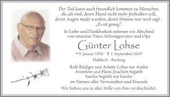 Traueranzeige von Günter Lohse von Allgäuer Zeitung, Füssen