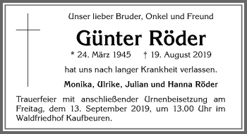 Traueranzeige von Günter Röder von Allgäuer Zeitung, Kaufbeuren/Buchloe