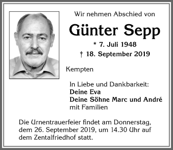 Traueranzeige von Günter Sepp von Allgäuer Zeitung,Kempten