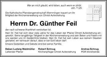 Traueranzeige von Günther Feil von Memminger Zeitung