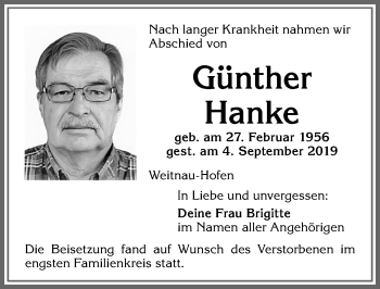 Traueranzeige von Günther Hanke von Allgäuer Zeitung,Kempten