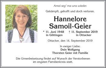 Traueranzeige von Hannelore Samoil-Geier von Allgäuer Zeitung,Kempten