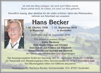 Traueranzeige von Hans Becker von Allgäuer Anzeigeblatt