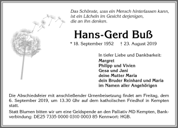 Traueranzeige von Hans-Gerd Buß von Allgäuer Zeitung,Kempten