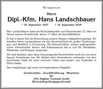 Traueranzeige von Hans Landschbauer von Allgäuer Zeitung,Kempten
