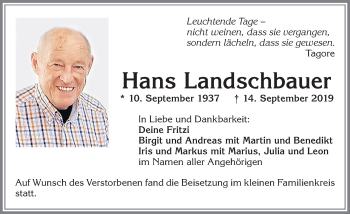 Traueranzeige von Hans Landschbauer von Allgäuer Zeitung,Kempten
