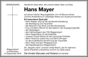 Traueranzeige von Hans Mayer von Allgäuer Zeitung,Kempten
