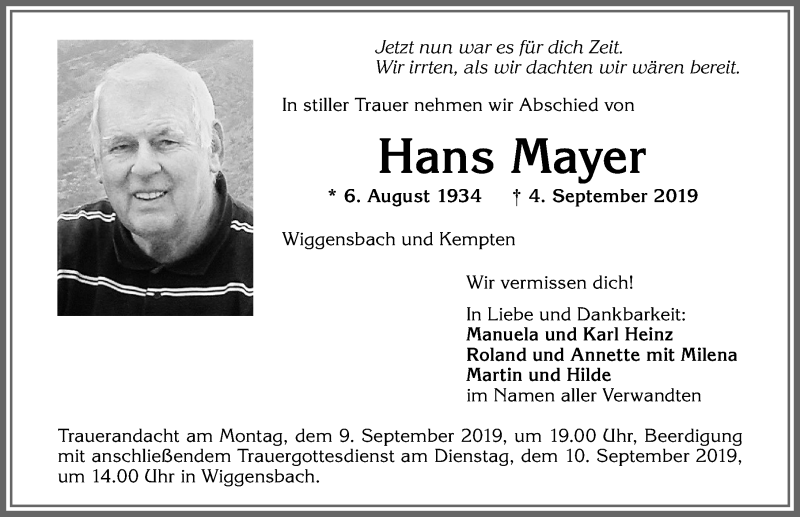  Traueranzeige für Hans Mayer vom 07.09.2019 aus Allgäuer Zeitung,Kempten
