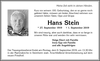 Traueranzeige von Hans Stein von Memminger Zeitung