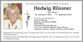 Traueranzeige von Hedwig Rössner von Allgäuer Zeitung, Kaufbeuren/Buchloe