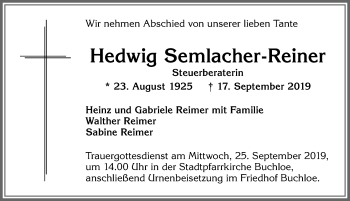 Traueranzeige von Hedwig Semlacher-Reiner von Allgäuer Zeitung, Kaufbeuren/Buchloe