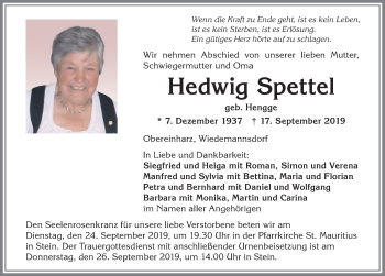 Traueranzeige von Hedwig Spettel von Allgäuer Zeitung