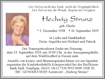 Traueranzeige von Hedwig Strunz von Allgäuer Zeitung, Füssen