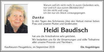 Traueranzeige von Heidi Baudisch von Allgäuer Zeitung, Kaufbeuren/Buchloe