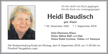 Traueranzeige von Heidi Baudisch von Allgäuer Zeitung, Kaufbeuren/Buchloe