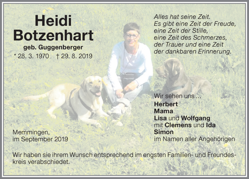  Traueranzeige für Heidi Botzenhart vom 07.09.2019 aus Memminger Zeitung