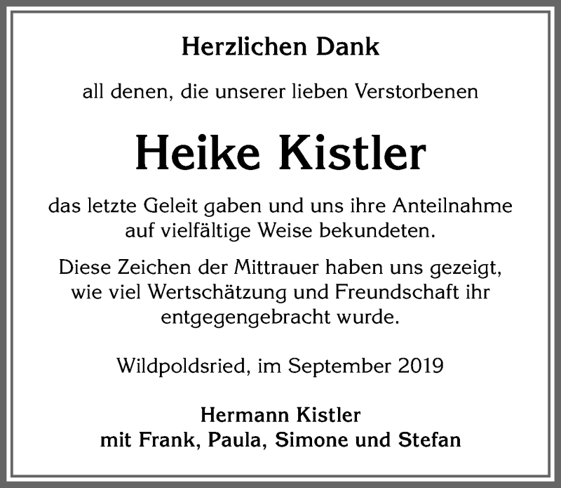  Traueranzeige für Heike Kistler vom 14.09.2019 aus Allgäuer Zeitung