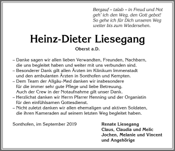 Traueranzeige von Heinz-Dieter Liesegang von Allgäuer Anzeigeblatt