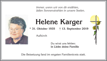 Traueranzeige von Helene Karger von Allgäuer Zeitung, Kaufbeuren/Buchloe