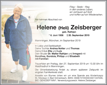 Traueranzeige von Helene Zeisberger von Memminger Zeitung