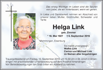 Traueranzeige von Helga Link von Memminger Zeitung