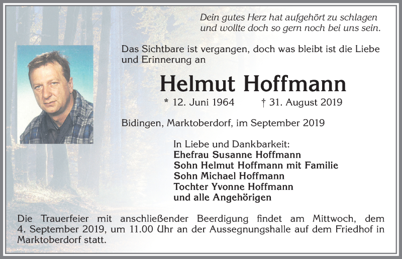  Traueranzeige für Helmut Hoffmann vom 03.09.2019 aus Allgäuer Zeitung, Marktoberdorf