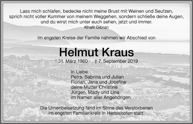  Traueranzeige für Helmut Kraus vom 14.09.2019 aus Memminger Zeitung