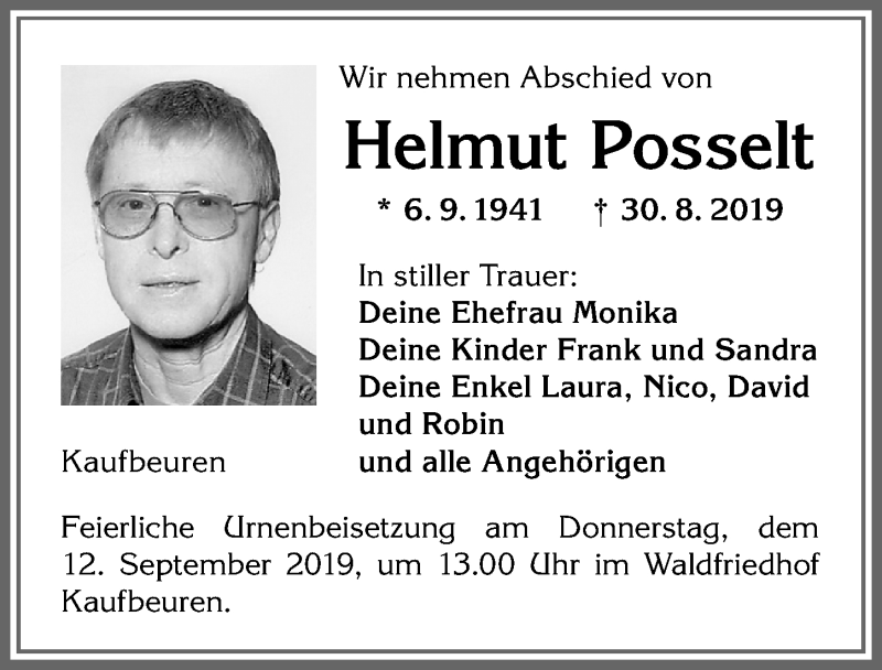  Traueranzeige für Helmut Posselt vom 07.09.2019 aus Allgäuer Zeitung, Kaufbeuren/Buchloe