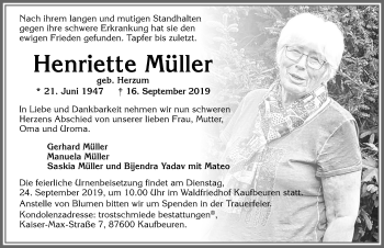 Traueranzeige von Henriette Müller von Allgäuer Zeitung, Marktoberdorf