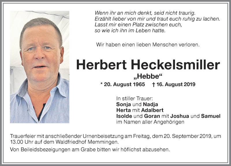  Traueranzeige für Herbert Heckelsmiller vom 18.09.2019 aus Memminger Zeitung