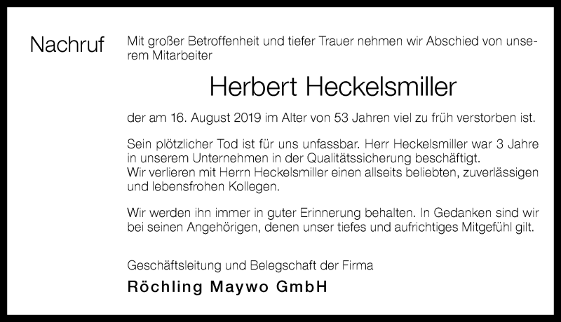  Traueranzeige für Herbert Heckelsmiller vom 18.09.2019 aus Memminger Zeitung