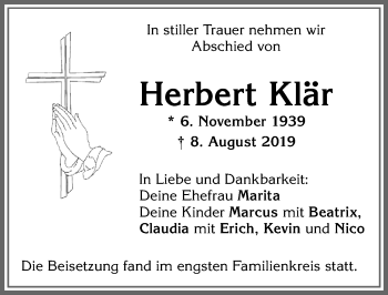 Traueranzeige von Herbert Klär von Memminger Zeitung